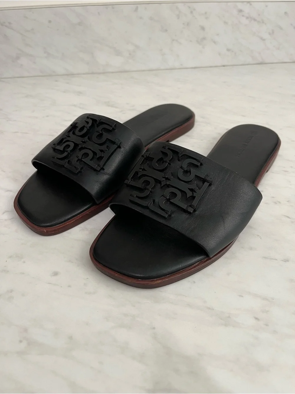 Tory Burch Ines Slide Sandals Black Leather Double T Logo Slides Size 8.5